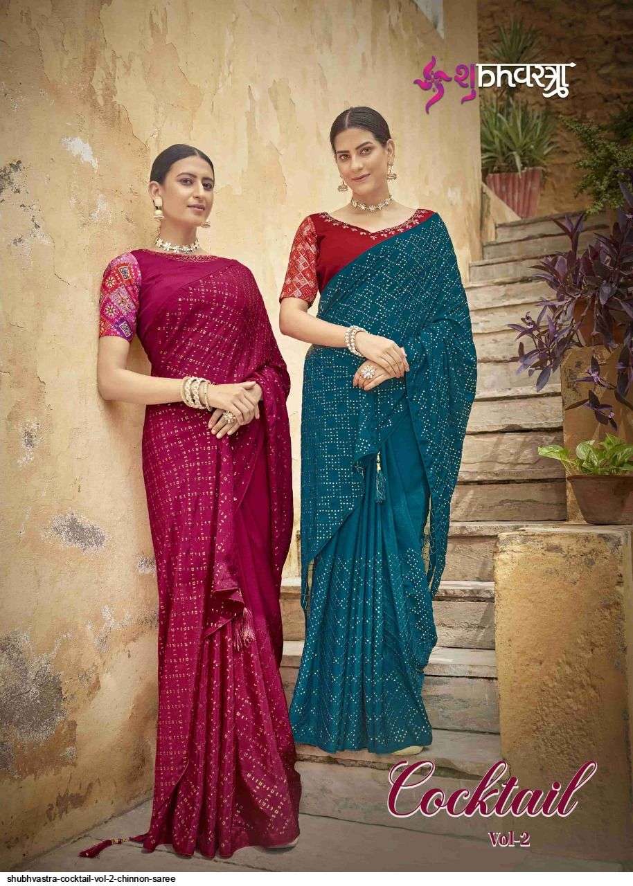 SHUBHVASTRA COCKTAIL VOL 2 CHINNON DESIGNER SAREES AT WHOLESALE PRICE