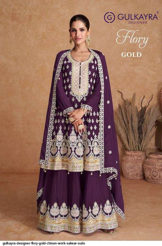 GULKAYRA DESIGNER FLORY GOLD CHINON WORK SALWAR SUITS