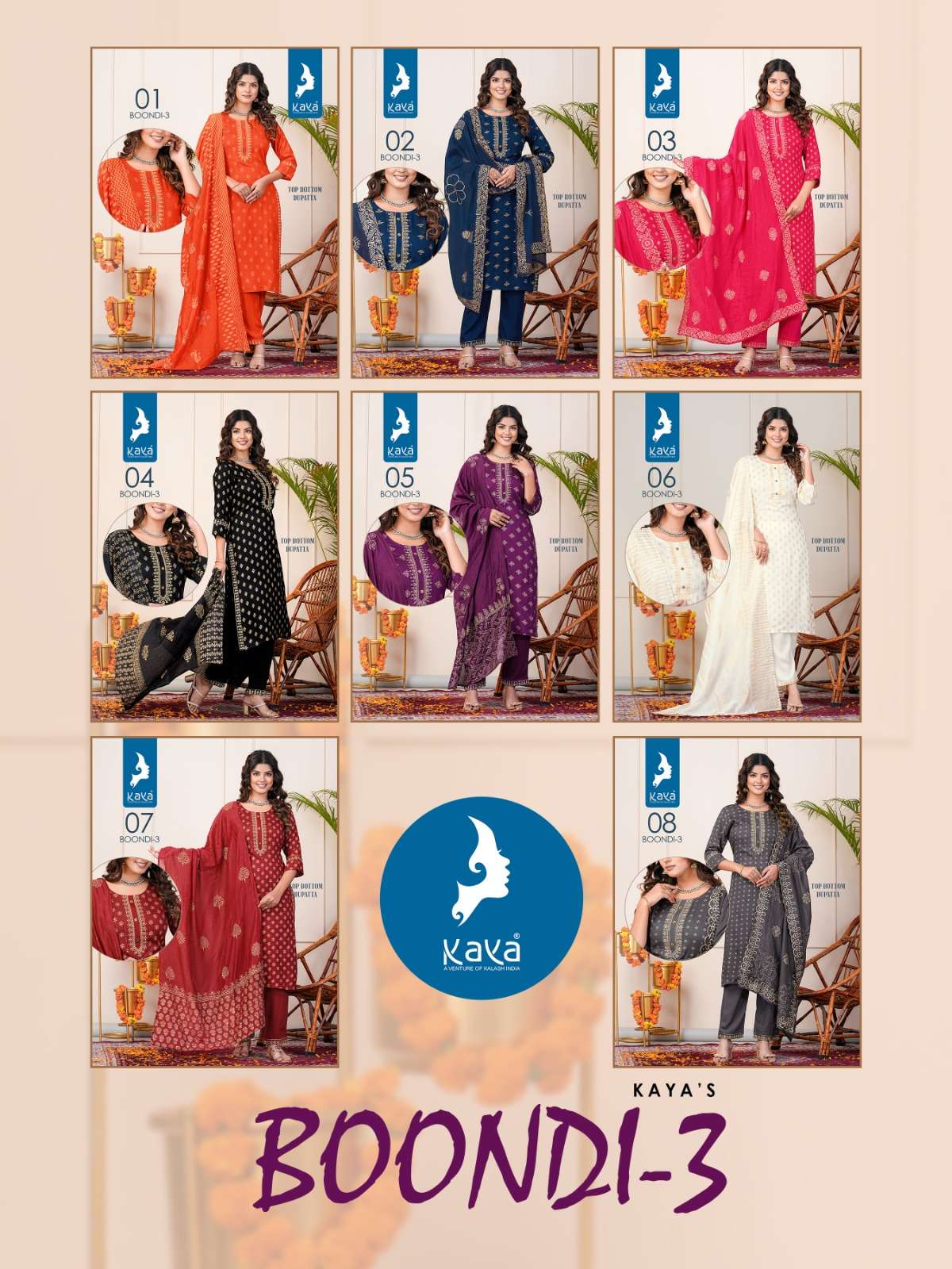 Kaya Boondi Vol 3 Rayon Kurti Pant With Dupatta Collection