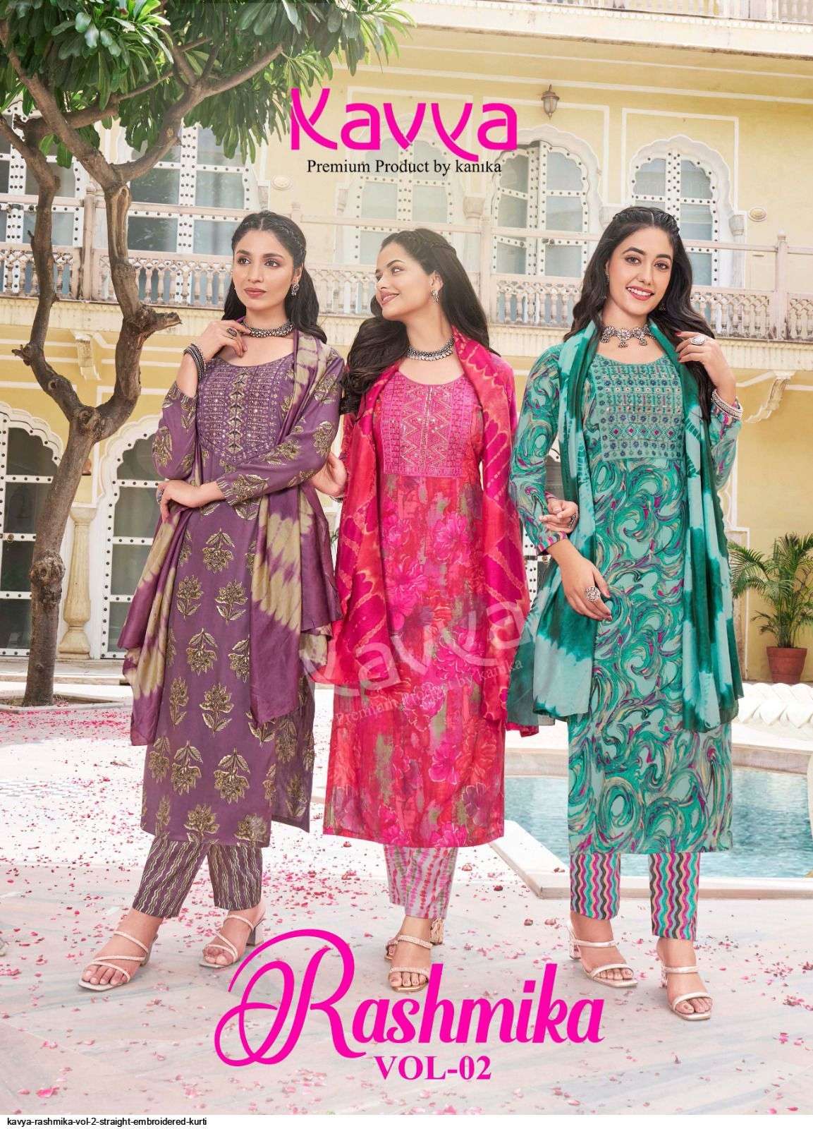 KAVYA RASHMIKA VOL 2 STRAIGHT EMBROIDERED KURTI PANT DUPATTA SETS